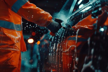 Auto workshop employee spraying water on a car during a detailed wash - obrazy, fototapety, plakaty
