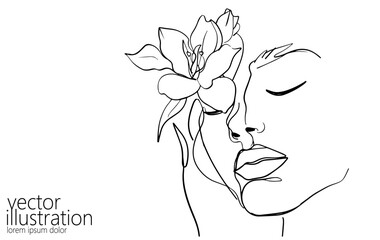  Continuous one single line art girl face concept. Beautiful woman portrait fashion hair hand drawn sketch. Beauty happy smiling young lady side head black white monochrome vector illustration