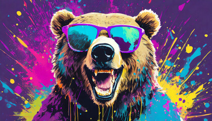 Vibrant pop art style portrait of a bear wearing sunglasses with mouth open and paint splattering...