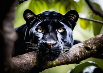 Une panthère noire majestueuse, allongée sur une branche dans la pénombre de la forêt, évoque la puissance et l'élégance de la faune sauvage. - obrazy, fototapety, plakaty