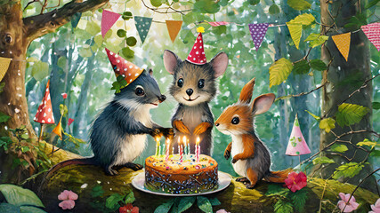 Tiny forest animals are having a birthday party on a tree