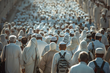 Muslim pilgrims performing umrah or hajj at the haram mosque in Mecca, Saudi Arabia.