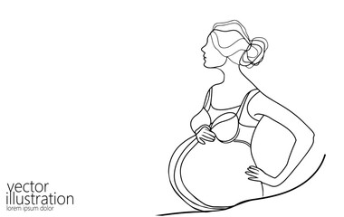  Pregnant woman single continuous line art. Medicine health care pregnancy healthy silhouette holding belly headline concept design one sketch outline drawing white vector illustration