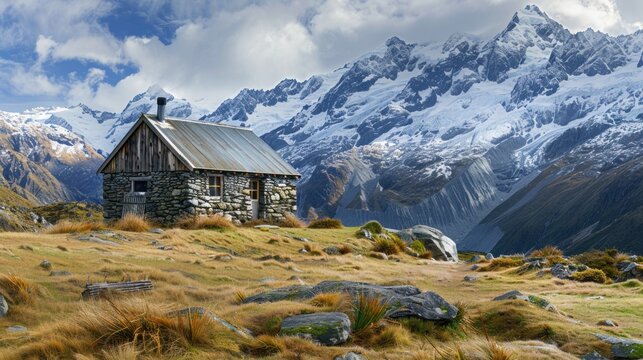 Wooden house in meadow with snow mountain peaks.AI generated image