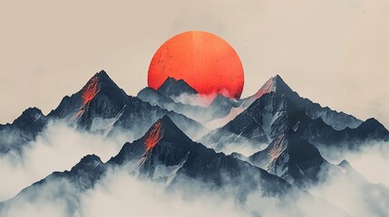 A painting of a ridge of mountains and the sun. Landscape at sunset or sunrise. Natural background in painted style. Illustration for cover, card, postcard, interior design, poster, brochure, etc. - obrazy, fototapety, plakaty