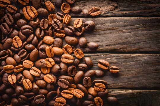 Picture Coffee beans scattered on a rustic wooden background