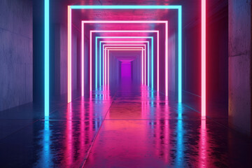 A long hallway brightly illuminated by neon lights leading into the distance