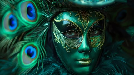 Mysterious Masquerade: Elegant Venetian Mask Amidst Vibrant Peacock Feathers. Perfect for Themed Events or Creative Projects. Mystical and Alluring Design. AI