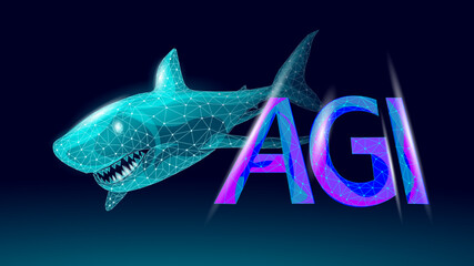Artificial general intelligence shark letter symbols. Minimalist style AGI icon. Machine learning concept technology AI brain vector illustration