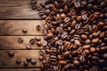 Publish Coffee beans arranged on a wooden table, ideal for banners