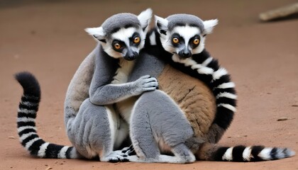 a lemur with its tail wrapped around another lemur upscaled 12 - obrazy, fototapety, plakaty