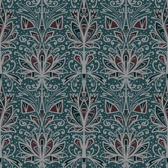 Seamless pattern with an ornament consisting of imitation precious stones and decorations, leaves and curls, flowers on a dark background. Suitable for interior, wallpaper, fabrics, clothing, statione