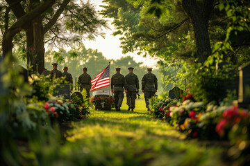 Selective focus of Funeral of an American soldier at the cemetery. - obrazy, fototapety, plakaty