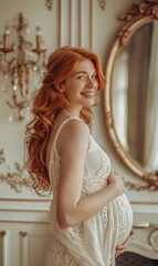 A smiling pregnant woman with red hair standing by a mirror
