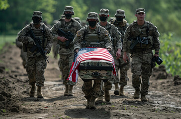 Selective focus of Funeral of an American soldier at the cemetery.
