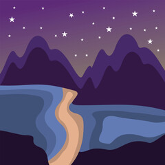mountain and ocean view with stars in the clouds in the evening background, landscape design illustration