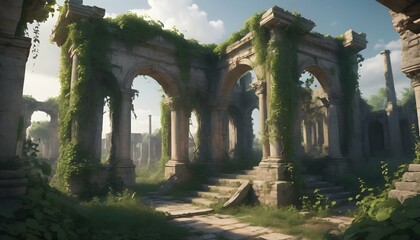 Ancient Mystical Ruins With Overgrown Vines And A  3 - obrazy, fototapety, plakaty