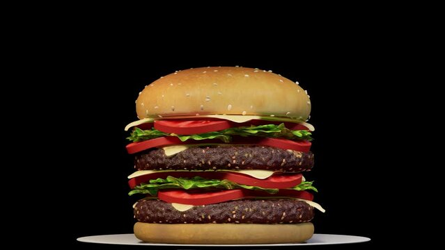 3D rendering. A large burger on a plate rotates 360 degrees on a black background.