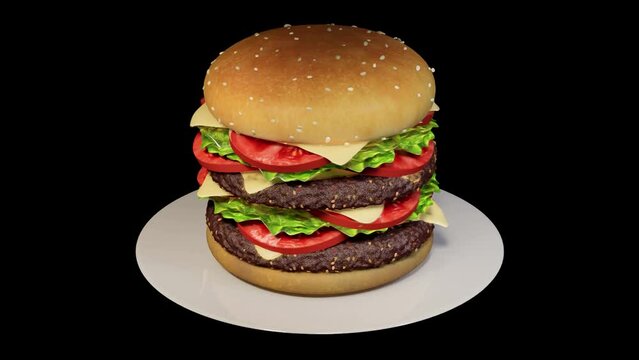 3D rendering. A large burger on a plate rotates 360 degrees on a black background.