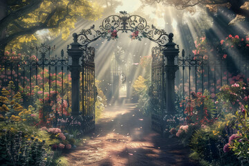 A gate with a garden in front of it