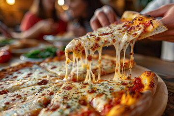 Close-up of friends sharing pizza at a table in a restaurant.