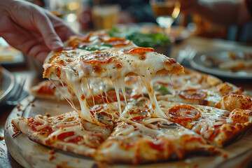 Close-up of friends sharing pizza at a table in a restaurant.