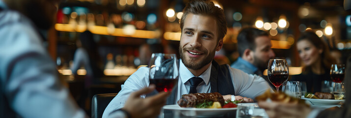 Selective focus of Group of Caucasian businessmen eating steak in restaurant. - Powered by Adobe