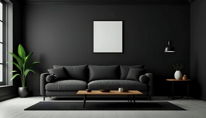 Black living room interior with sofa, minimalist interior background, 3d render created with generative ai
