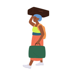 Depressed young African woman migrant cartoon character walking with luggage in hands and on head