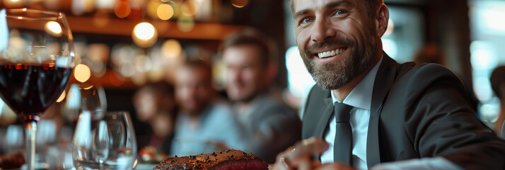 Selective focus of Group of Caucasian businessmen eating steak in restaurant. - obrazy, fototapety, plakaty