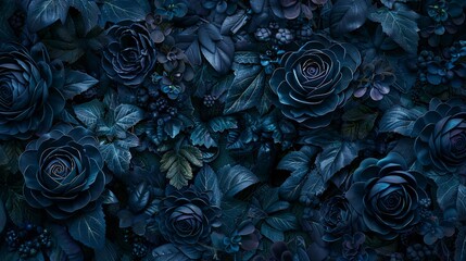 Black flowers and leaves on dark background in gothic style. Sympathy or condolence card. Illustration for cover, card, postcard, brochure, advertising or presentation. - obrazy, fototapety, plakaty