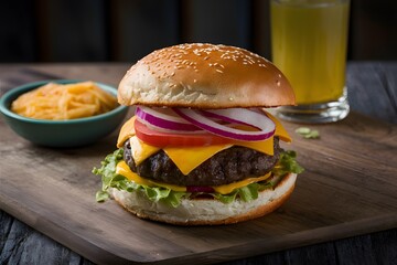 Savory grilled beef burger topped with cheese, tomato, and onion