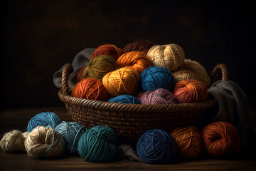Basket containing multiple colorful balls of yarn is placed on wooden table, showcasing various textures and sizes of yarn. Balls of yarn are neatly organized and ready for use in knitting or crochet 