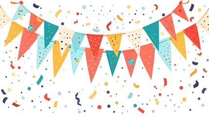 Fototapeta premium Colorful Festive Bunting Flags on a Confetti Background. A Cheerful Display for Parties and Celebrations. Perfect for Greeting Card Designs. AI