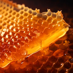 Close-up view of a honeycomb filled with golden honey, showcasing intricate hexagonal patterns created by beeswax. Sweet, sticky substance glistens in light, highlighting natural beauty
