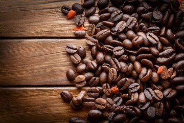 Scene Coffee beans arranged on a wooden table background
