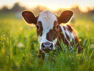  Portrait of a cow eating grass