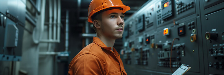 Caucasian male electrician checking factory control panel. - obrazy, fototapety, plakaty