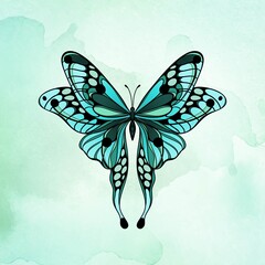 Green butterfly on a green watercolor background. Layout for printing illustrations on T-shirts, notepads, covers