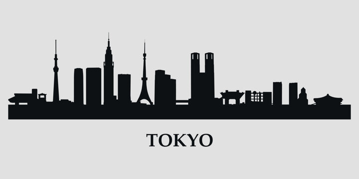 The city skyline. Tokyo. Silhouettes of buildings. Vector on a gray background