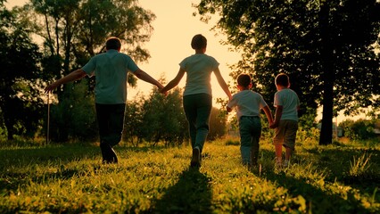 Family Dad, mother, child, son run together. Happy family, holding hands, runs towards sun, has fun in city park, sunset. Slow motion. Family holiday concept. Happy childhood, freedom people play - obrazy, fototapety, plakaty