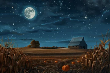 Fotobehang Moonlit harvest night. fields of pumpkins, corn, and wheat with barn, stars, and bonfire © Mikhail Vorobev