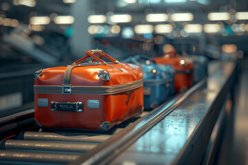 Selective focus of A conveyor belt is transporting suitcases in the airport.