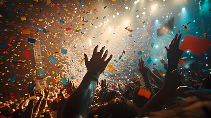 Energetic Concert Crowd Celebrating with Hands Up Amidst Colorful Confetti. Excitement at Music Event, Festival Atmosphere Captured in Lively Style. Party, Joy, and Entertainment Theme. AI