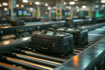 Selective focus of A conveyor belt is transporting suitcases in the airport.