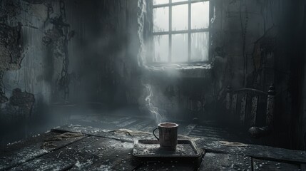 a cup of coffee sitting on top of a wooden table in a room with a window and smoke coming out of it. - obrazy, fototapety, plakaty