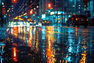 Rain-washed city street alive with cars, traffic lights, and reflections. The scene pulsates with...