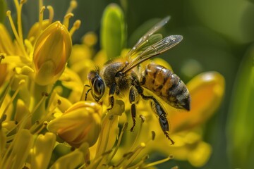 A honeybee is perched on a bright yellow flower, gathering nectar under the sun