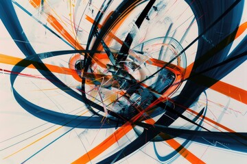 Dynamic orange and blue lines intersect and dance across a canvas, creating a vibrant and energetic abstract painting