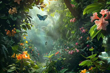 A lush green forest with a butterfly flying through it